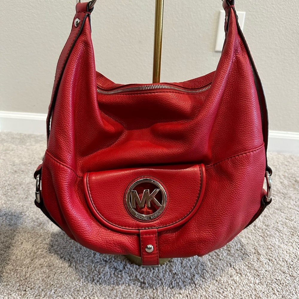 Michael Kors red pebble leather hobo bag